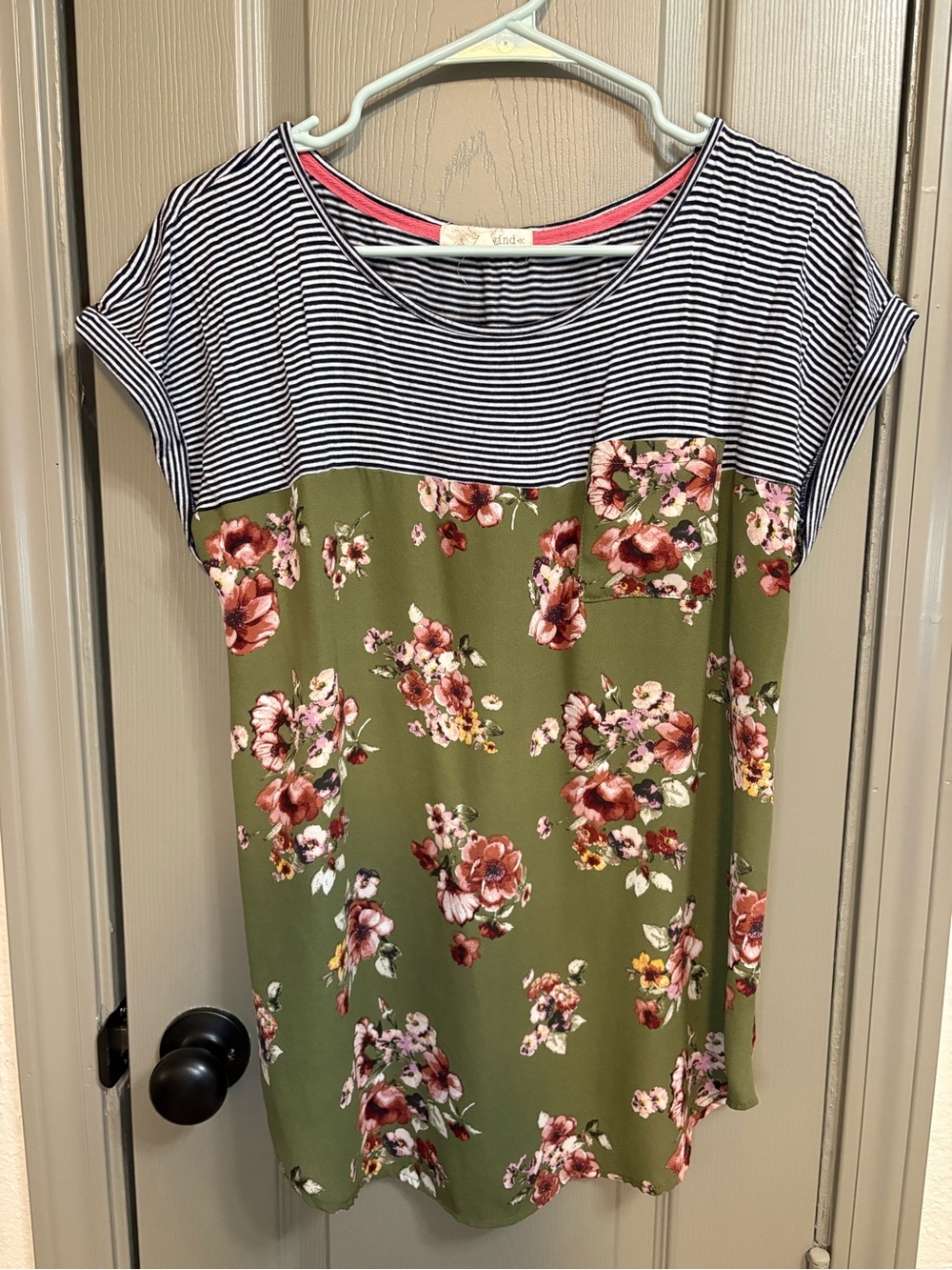 Rewind Olive Floral & Navy Striped Mixed-Print Top